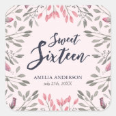 Elegant Roze Rozen Bloemen Zoet 16 Verjaardag Vierkante Sticker (Voorkant)