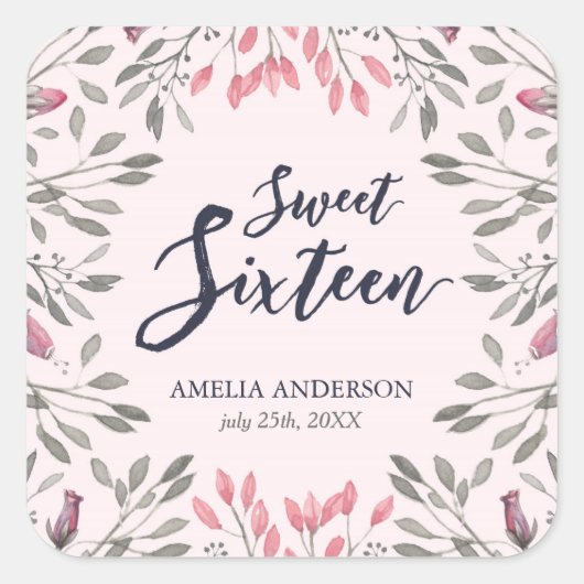 Elegant Roze Rozen Bloemen Zoet 16 Verjaardag Vierkante Sticker (Voorkant)