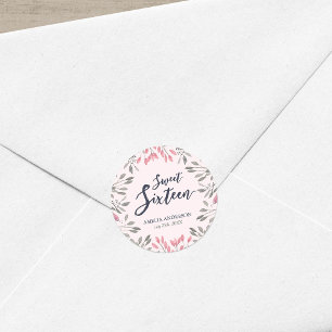 Elegant Roze Rozen Bloemen Zoet 16 Verjaardagsfees Ronde Sticker
