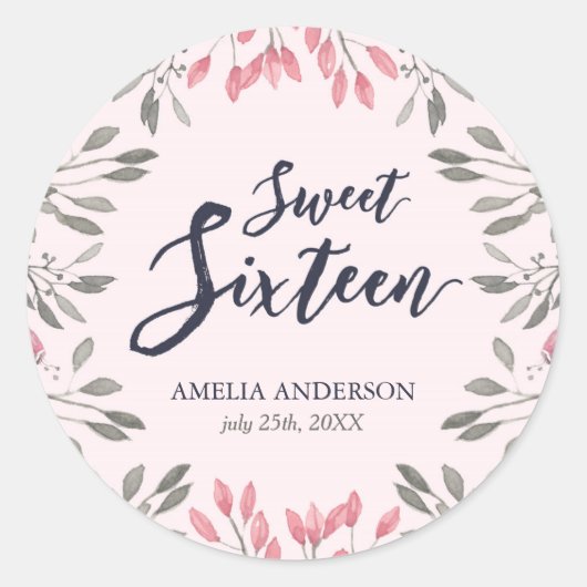 Elegant Roze Rozen Bloemen Zoet 16 Verjaardagsfees Ronde Sticker (Voorkant)