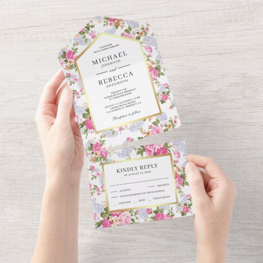 Elegant roze rozen botanische tuinbruiloft all in one uitnodiging (Afscheurbaar)