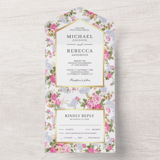 Elegant roze rozen botanische tuinbruiloft all in one uitnodiging (Binnen)