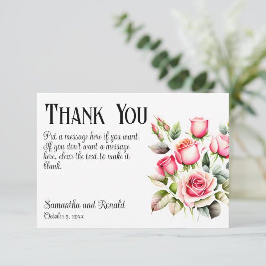 Elegant  Roze Rozen Bruiloft Dank u Kaart (Staand voorkant)