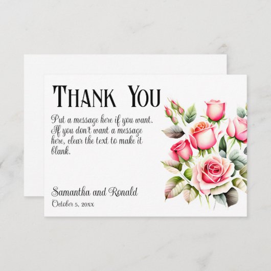 Elegant Roze Rozen Bruiloft Dank u Kaart (Voorkant / Achterkant)