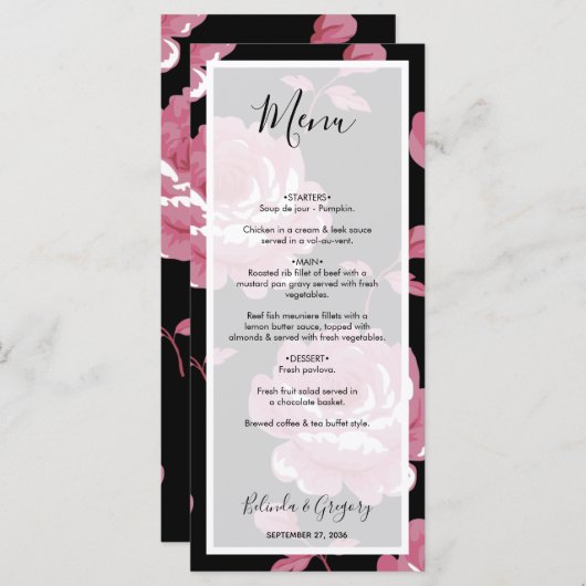 Elegant roze  Rozen bruiloft Menu (Voorkant / Achterkant)