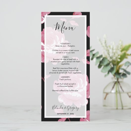 Elegant roze  Rozen bruiloft Menu (Staand voorkant)