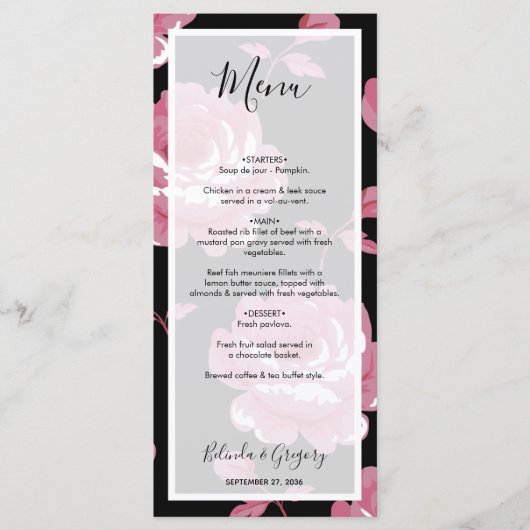 Elegant roze  Rozen bruiloft Menu (Voorkant)