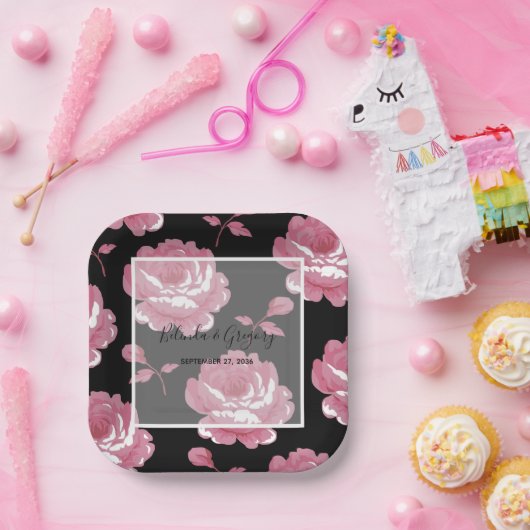 Elegant roze  Rozen bruiloft Papieren Bordje (Feest)