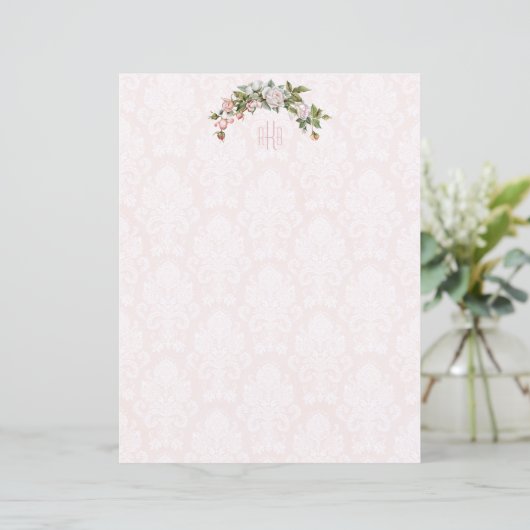 Elegant roze rozen,  Damask en Monogram (Staand voorkant)