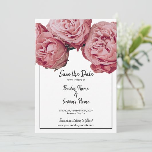 Elegant roze rozen die de datum opslaan save the date (Staand voorkant)
