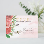 Elegant roze rozen en libellen bruiloft RSVP Kaartje (Staand voorkant)