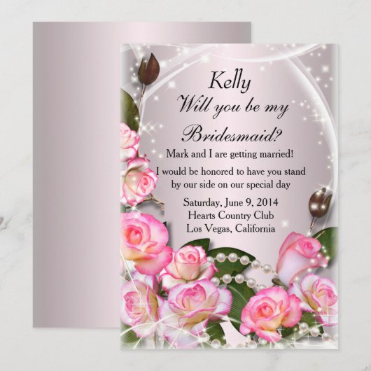 Elegant roze rozen en parelhoenders bruidsmaïde Ka Kaart (Voorkant / Achterkant)