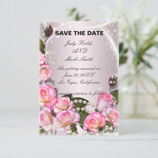 Elegant roze rozen en parels bewaren de datum Kaar Kaart (Staand voorkant)