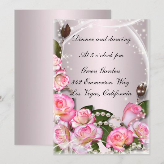 Elegant roze rozen en parels die Kaart ontvangen (Voorkant / Achterkant)