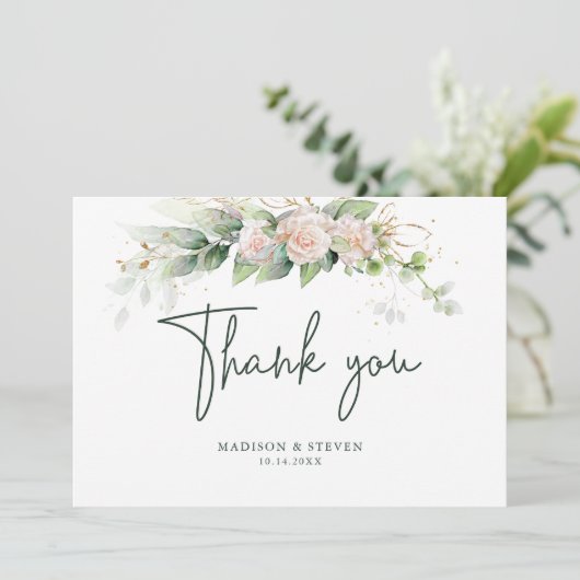 Elegant roze Rozen Eucalyptus Weddenschap Bedankkaart (Staand voorkant)