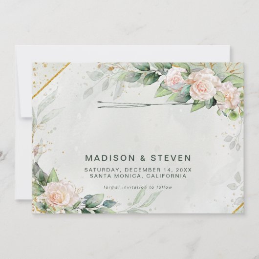 Elegant roze Rozen Eucalyptus Weddenschap Save The Date (Voorkant)