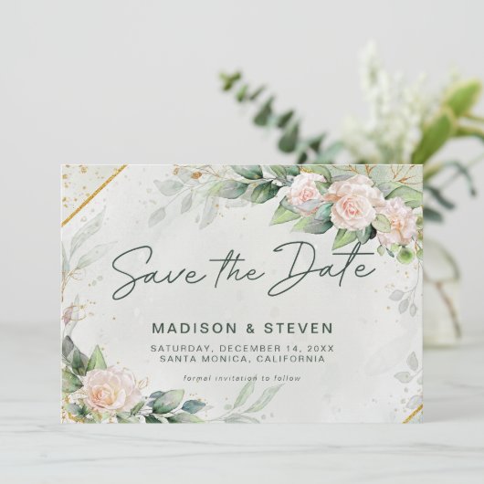 Elegant roze Rozen Eucalyptus Weddenschap Save The Date (Staand voorkant)