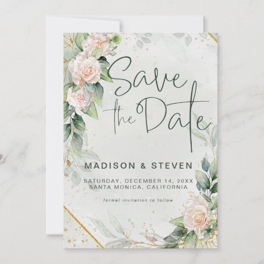 Elegant roze Rozen Eucalyptus Weddenschap Save The Date (Voorkant)