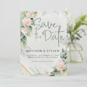 Elegant roze Rozen Eucalyptus Weddenschap Save The Date (Staand voorkant)