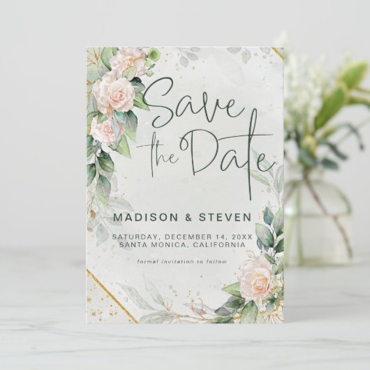 Elegant roze Rozen Eucalyptus Weddenschap Save The Date (Staand voorkant)
