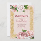 Elegant roze Rozen Gold Glitter Quinceañera Kaart (Voorkant)