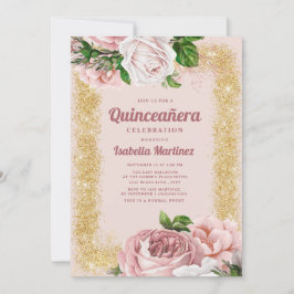 Elegant roze Rozen Gold Glitter Quinceañera Kaart