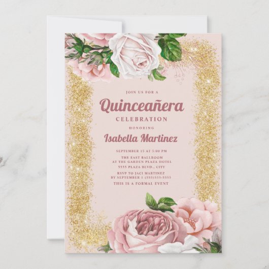 Elegant roze Rozen Gold Glitter Quinceañera Kaart (Voorkant)