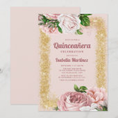 Elegant roze Rozen Gold Glitter Quinceañera Kaart (Voorkant / Achterkant)
