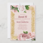 Elegant roze Rozen Gold Glitter Sweet 16 Kaart (Voorkant)