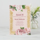 Elegant roze Rozen Gold Glitter Sweet 16 Kaart (Staand voorkant)