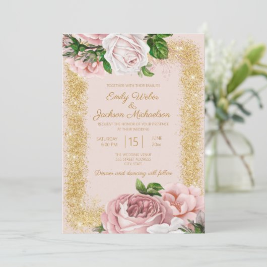 Elegant roze Rozen Gold Glitter Wedding Kaart (Staand voorkant)