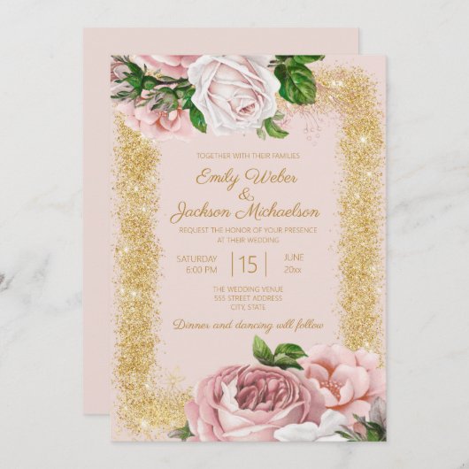 Elegant roze Rozen Gold Glitter Wedding Kaart (Voorkant / Achterkant)