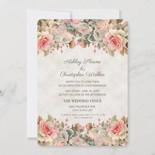 Elegant  roze rozen huwelijk kaart (Voorkant)