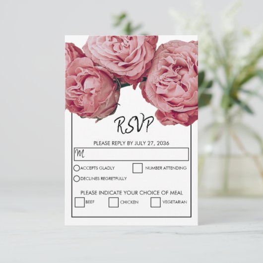 Elegant roze rozen maaltijdopties RSVP-Kaarten bin RSVP Kaartje (Staand voorkant)