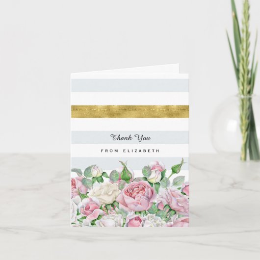 Elegant roze rozen met FAUX Gold Stripe Hartelijk  Bedankkaart (Voorkant)