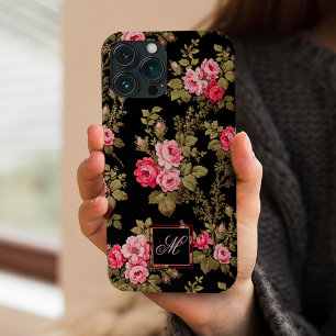 Elegant roze rozen met monogram-zwarte achtergrond Case-Mate iPhone case
