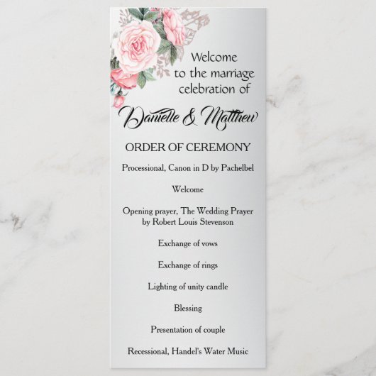 Elegant roze rozen op het Silver Wedding Program Programmakaart (Voorkant)