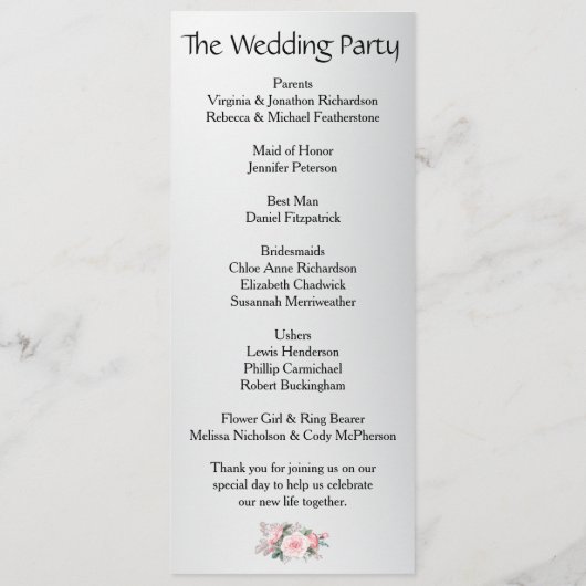 Elegant roze rozen op het Silver Wedding Program Programmakaart (Achterkant)