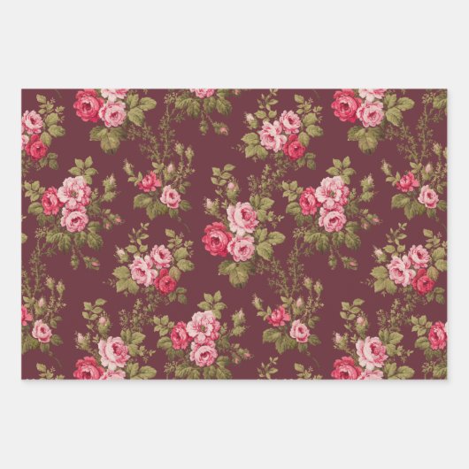 Elegant Roze  Rozen op Maroon/Buff/Oud Roos Inpakpapier Vel (Voorkant 2)