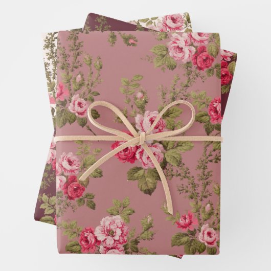 Elegant Roze  Rozen op Maroon/Buff/Oud Roos Inpakpapier Vel (In situ)