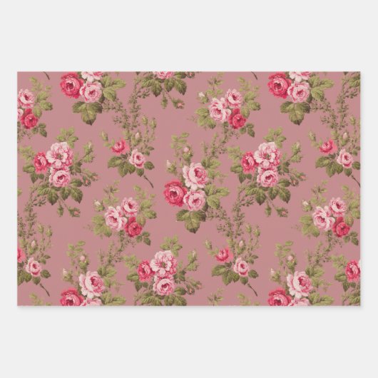 Elegant Roze  Rozen op Maroon/Buff/Oud Roos Inpakpapier Vel (Voorkant)