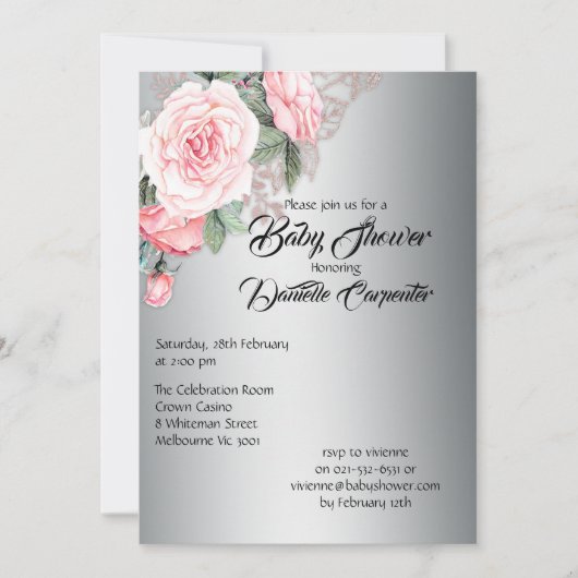 Elegant roze rozen op zilver Baby shower Kaart (Voorkant)
