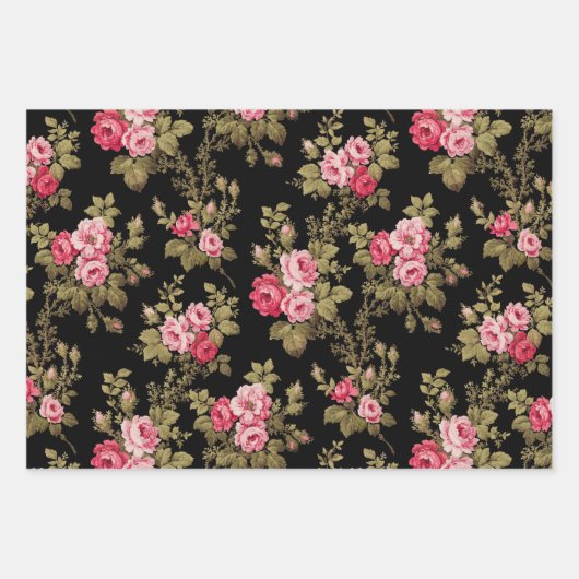 Elegant Roze  Rozen op Zwart/Wit/Buff BG Inpakpapier Vel (Voorkant)