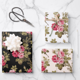 Elegant Roze  Rozen op Zwart/Wit/Buff BG Inpakpapier Vel