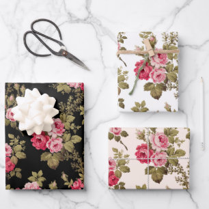 Elegant Roze  Rozen op Zwart/Wit/Buff BG Inpakpapier Vel