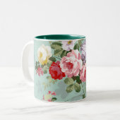 Elegant Roze Rozen Patroon Tweekleurige Koffiemok (Voorkant links)