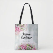 Elegant roze rozen & pinda's op Blauwgroen huwelij Tote Bag (Voorkant)