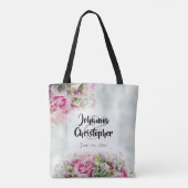 Elegant roze rozen & pinda's op Blauwgroen huwelij Tote Bag (Achterkant)