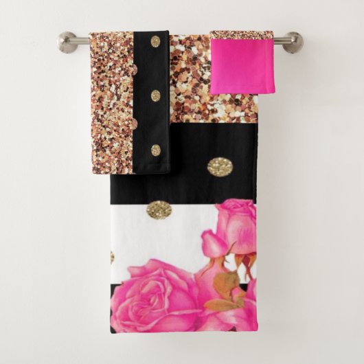 Elegant roze rozen stripes glitter Polka Dots Bad Handdoek (Insitu)
