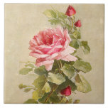 Elegant  roze rozen tegeltje<br><div class="desc">Losse spray van elegante  roze rozen en rozenknoppen in warme tonen op een schilderachtige,  artisanale kleurige achtergrond.</div>